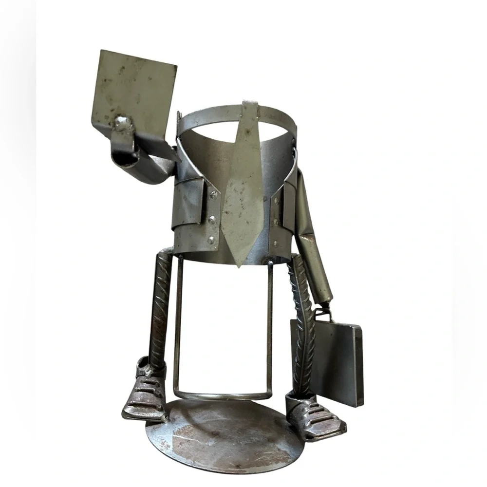 Businessman Wine Bottle Holder Metal Sculpture Laptop Technology Industrial ‘90s